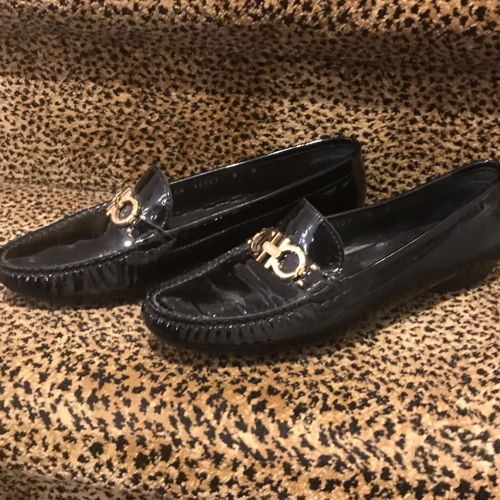 New Salvatore Ferragamo black patent loafer